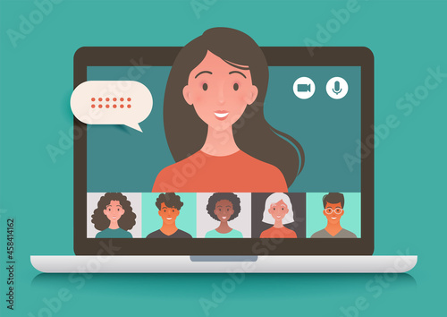 Virtual meeting video conference call using laptop computer chatting with colleagues. Online communication and telecommuting concept vector illustration