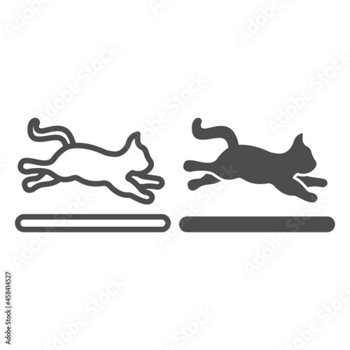 Jumping cat  kitty in motion line and solid icon  pets concept  active kitten jumps vector sign on white background  outline style icon for mobile concept and web design. Vector graphics.