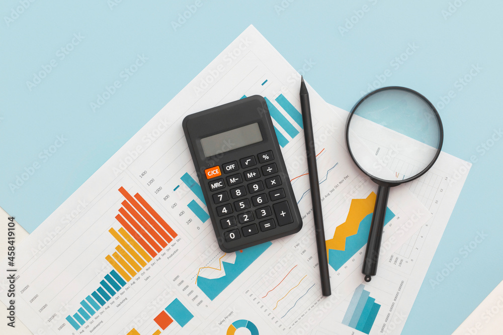 Business graphs and charts on table. Financial development, Banking Account, Statistics