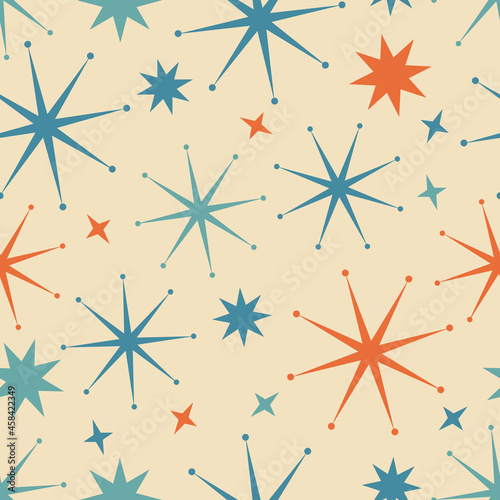 1950s star seamless vector pattern. 50s style retro, vintage, mid-century modern with teal, orange and blue starburst illustration elements on neutral cream background. Repeat wallpaper texture art photo