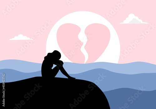 Broken heart concept vector illustration. Sad woman crying with sunset.