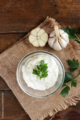 Arabic thoum or garlic sauce in a bowl photo