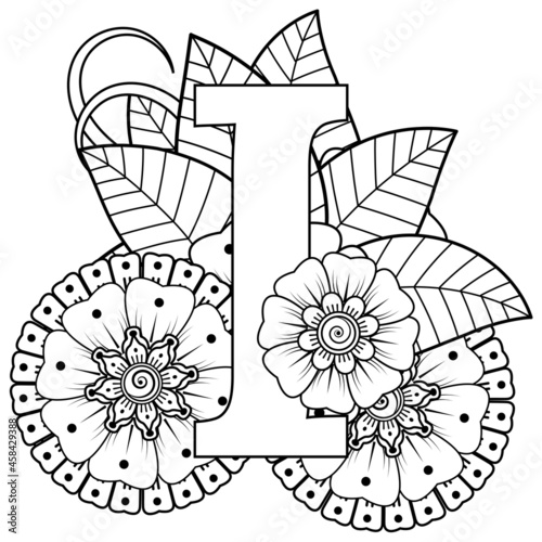 Letter I with Mehndi flower. decorative ornament in ethnic oriental style. coloring book page. 