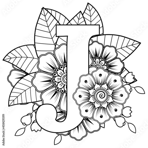 Letter J with Mehndi flower. decorative ornament in ethnic oriental style. coloring book page. 