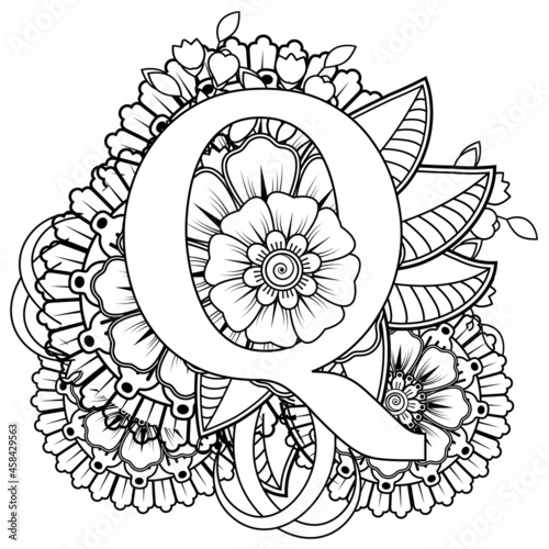 Letter Q with Mehndi flower. decorative ornament in ethnic oriental style. coloring book page. 