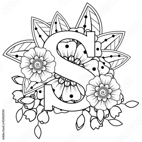 Letter S with Mehndi flower. decorative ornament in ethnic oriental style. coloring book page. 