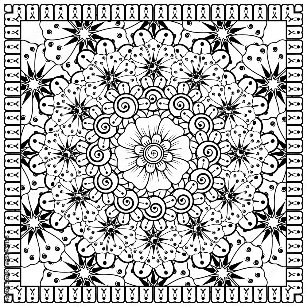 Outline square flower pattern in mehndi style for coloring book page Outline square flower pattern in mehndi style for coloring book page