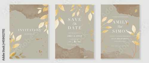 Luxury Wedding invitation vector set. Watercolor wedding card collection with golden texture and floral hand drawing. Save the date cards. Vector illustration.