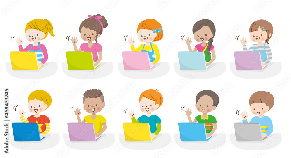 笑顔でパソコンを操作する世界各国の子供達のイラスト