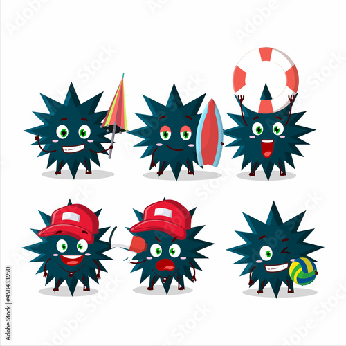 Happy Face biohazard virus cartoon character playing on a beach