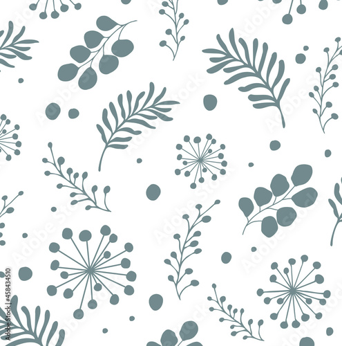 Vector floral pattern with leaves and flowers botanical isolated silhouette elements drawing.Grey white color.Textile paper fabric wallpaper texture print . Decoration. DIY. Plotter laser cutting.Cut photo