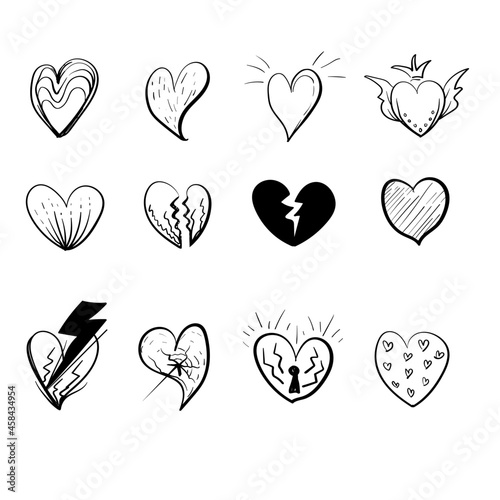 Hand drawn heart symbols doodle vector. Set of hand drawn, sketch, drawing heart symbols in black and white illustration.