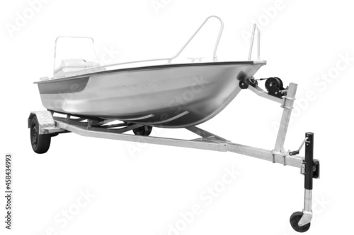 Speed boat on the trailer for transportation isolated on white background with clipping path