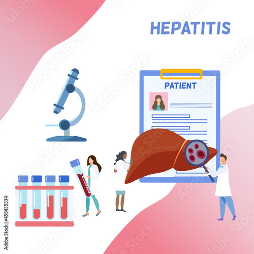 Hepatitis patient concept, doctors doing different activuties, holding magnifying glass zoom plasma, holding blood test tube, checking liver, next to elements of patient card and microscope 