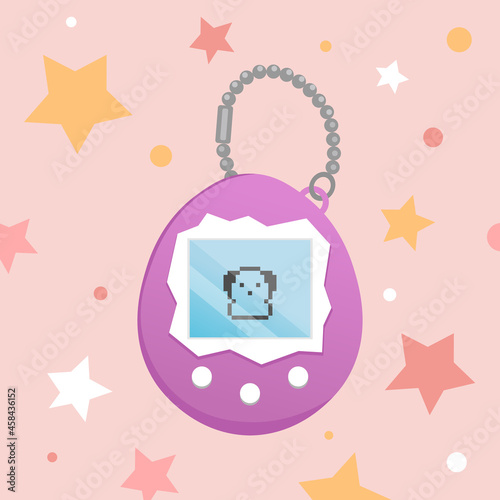 Digital pet purple toy illustration. Vintage japanese pocket pet game. Japanese classic blue tamago pet with screen display, chain, stars and buttons. Nostalgia stuff - pocket puppy dog toy vector.