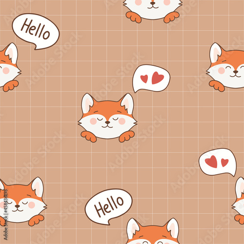 Seamless autumn fox pattern with comic hearts. Fox fashion background for fabric or textile with text hello and hearts. Cute fox face seamless pattern square tile. Autumn unisex fox print vector print