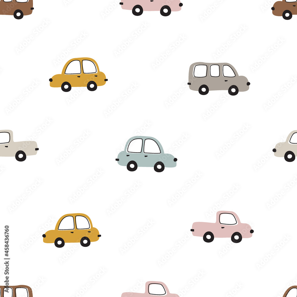 Seamless vector pattern colorful vintage car on a white background hand-drawn design in cartoon style Use for prints, decorative wallpaper, textiles, fabrics, vector illustrations