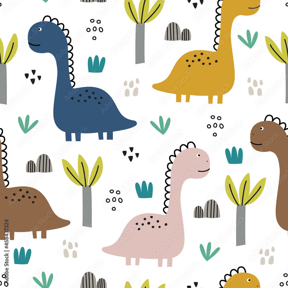 Naklejka premium dinosaur and tree seamless pattern Hand drawn cute cartoon animal background in children's style design used for print, wallpaper, decoration, fabric, textile Vector Illustration