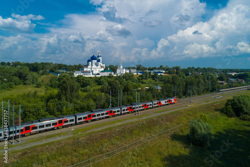 A high-speed train passes the old monastery in Bogolyubovo, near Vladimir, Russia.