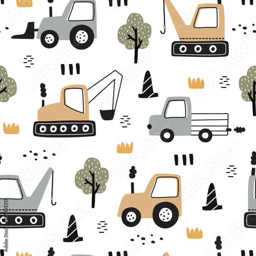 Hand-drawn construction vehicles seamless pattern vector have a tractor with the tree on white background Cute design, cartoon style, used for printing, wallpaper, fabric, fashion textile.