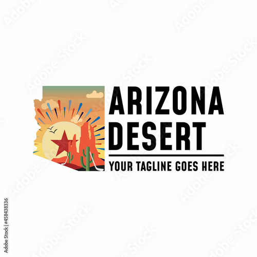 Hockey Stick, star, sun, desert, cactus, birds, and Arizona region maps image graphic icon logo design abstract concept vector stock. Can be used as a symbol related to sport or adventure