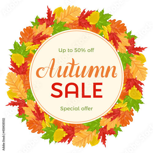 Autumn sale vector banner with colorful fallen leaves of maple and oak. Design element for discount promotions. Cartoon flat illustration.