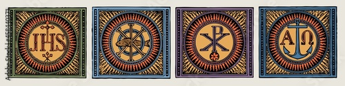 Catholic Symbols vector set of 4, vintage engraving. Catholic symbolism