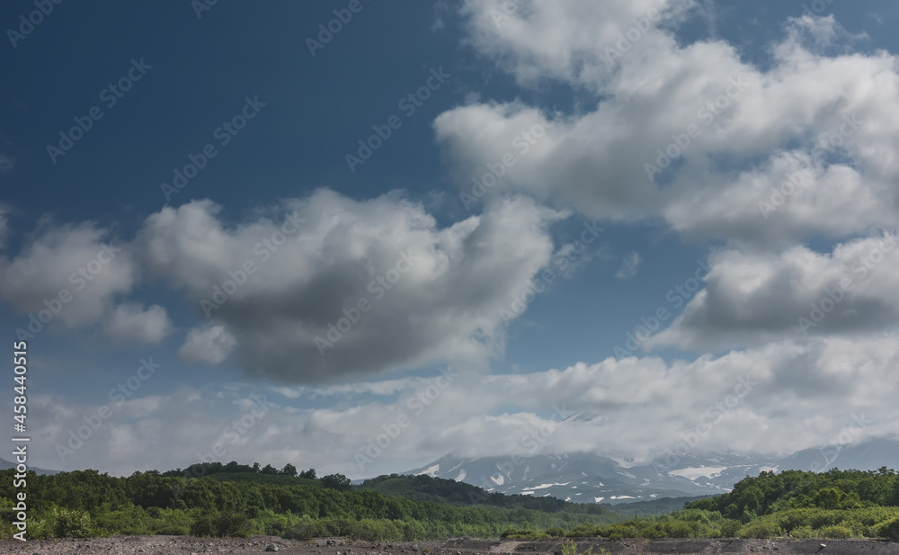 Volcanoes with snow-covered slopes rise against the blue sky. The peaks are hidden in fluffy clouds. The valley has lush green vegetation. Kamchatka.