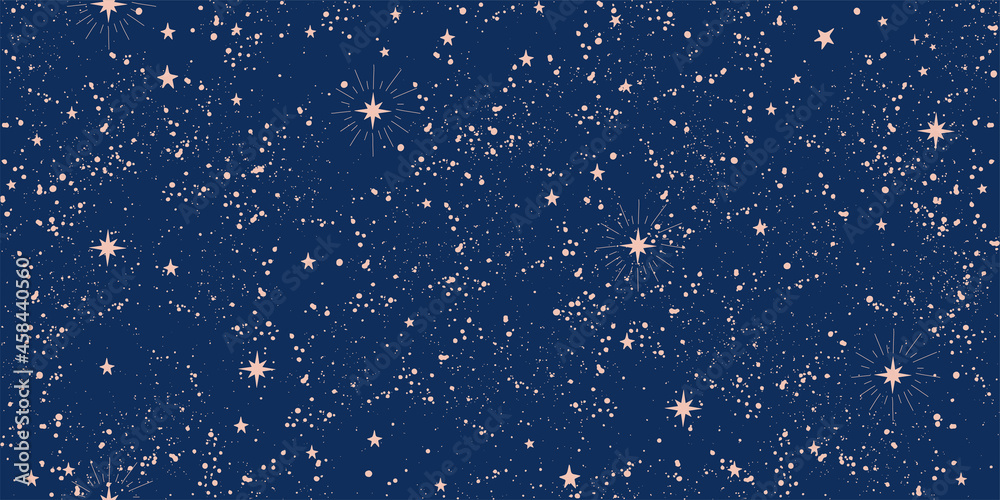 Seamless boho pattern with stars on a blue background for tarot, astrology. Magic cosmic sky, abstract esoteric ornament. Vector illustration.