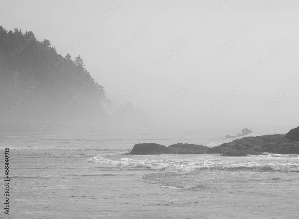 Small rocky islands off the coast in the fog