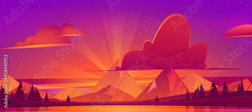 Sunset in mountains scenery landscape, nature view. Beautiful pink or purple cloudy sky and dusk sun rays shining behind of rock peak over water pond and field, cartoon background, vector illustration