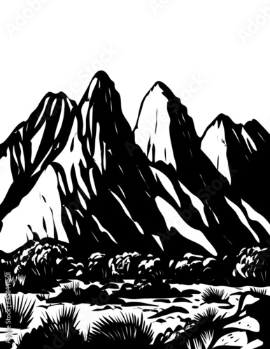 WPA poster monochrome art of Organ Mountains-Desert Peaks National Monument in Las Cruces, New Mexico, USA done in works project administration black and white style.