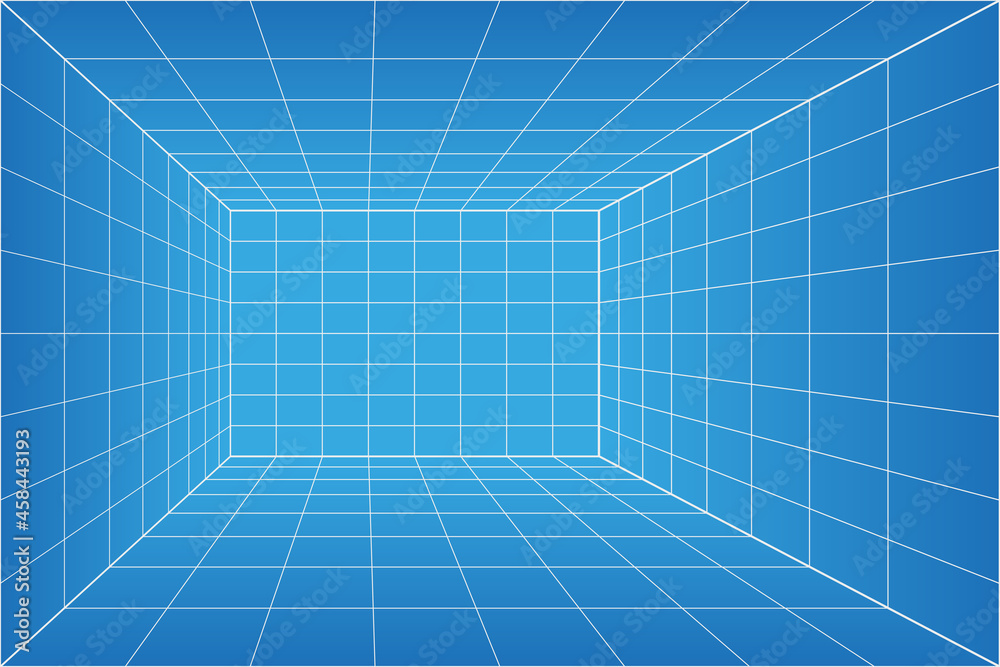 Grid perspective blueprint room. Wireframe millimeter paper background. Digital cyber box technology model. Vector blank architectural template Grid perspective blueprint room. Wireframe millimeter paper background. Digital cyber box technology model. Vector blank architectural template