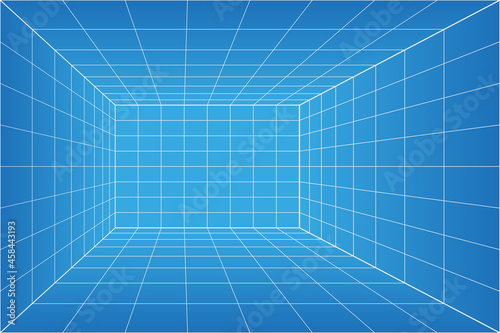 Grid perspective blueprint room. Wireframe millimeter paper background. Digital cyber box technology model. Vector blank architectural template