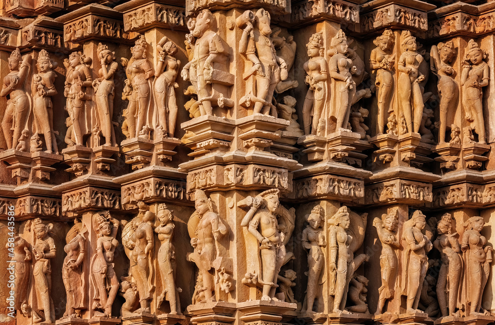 Ancient stone sculptures at Kandariya Mahadeva stone temple, Khajuraho at  Madhya Pradesh, India