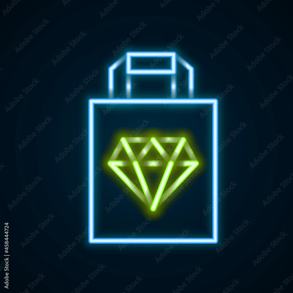 Glowing neon line Shopping bag jewelry icon isolated on black background. Colorful outline concept. Vector Glowing neon line Shopping bag jewelry icon isolated on black background. Colorful outline concept. Vector