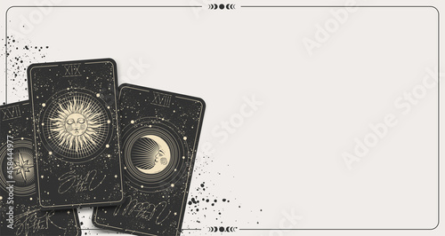 Banner with tarot cards and copy space, place for text, mockup for fortune telling, astrology, zodiac. The Sun, the moon, the star, deck of cards on the table, top view. Vector illustration. photo