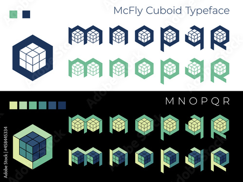 Decorative futuristic pseudo 3D font ‘McFly Cuboid’, letters M, N, O, P, Q, R. Usable for extraordinary Logo, poster design, t-shirt print, music album cover, etc., vector, CMYK.