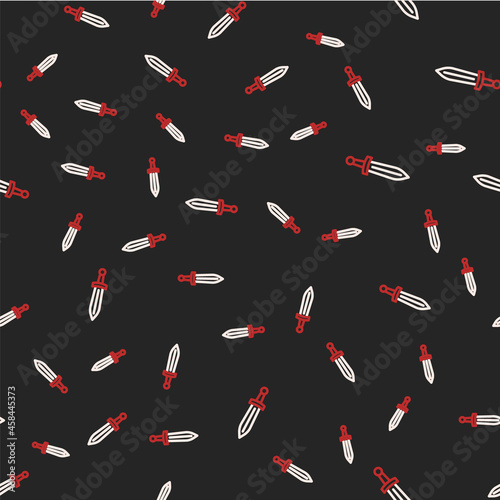 Line Medieval sword icon isolated seamless pattern on black background. Medieval weapon. Vector