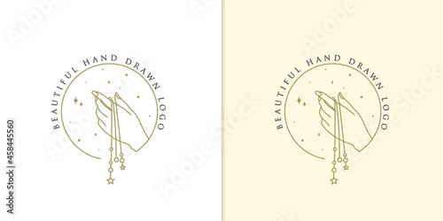 feminine Beauty boho logo collection with magical hand, nails, rose, crystal, moon, sun, star Vector illustration for icon, logo, sticker, printable and tattoo