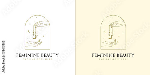 feminine Beauty boho logo collection with magical hand, nails, rose, crystal, moon, sun, star Vector illustration for icon, logo, sticker, printable and tattoo