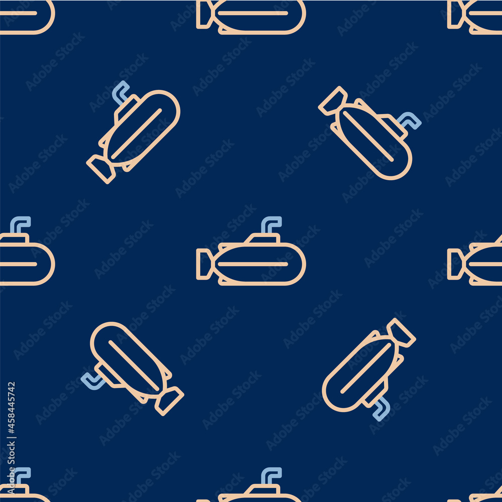 Line Submarine icon isolated seamless pattern on blue background. Military ship. Vector