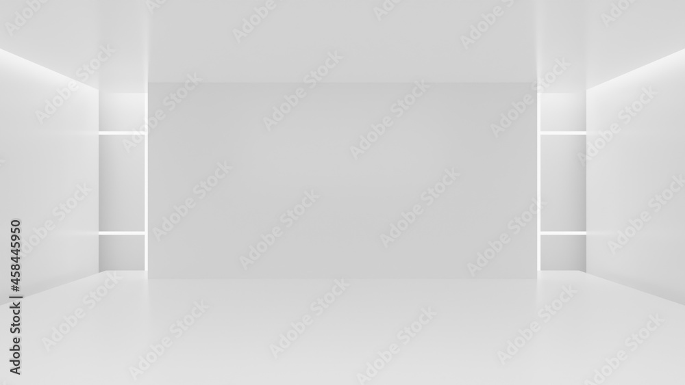 Obraz premium White clean empty architecture interior space room studio background wall display products minimalistic. 3d rendering.