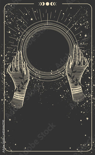 Tarot card with hands and a magic ball, place for text. Modern vertical card with copy space on a black background. Magic mockup for astrology, prediction of the future, esoteric poster. Vector