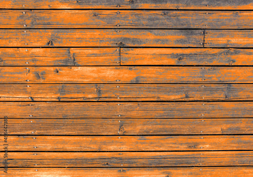 Fototapeta premium Hardwood plank wall with digital orange-painted, old hardwood board.