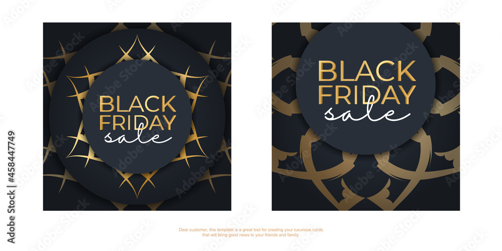 Dark blue black friday sale poster with abstract gold pattern