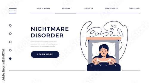 Nightmare disorder web template. Scared woman is waking up from a nightmare and lying in bed and being afraid of ghost. Sleeping disorder, insomnia, bad dream for homepage.Flat vector illustration