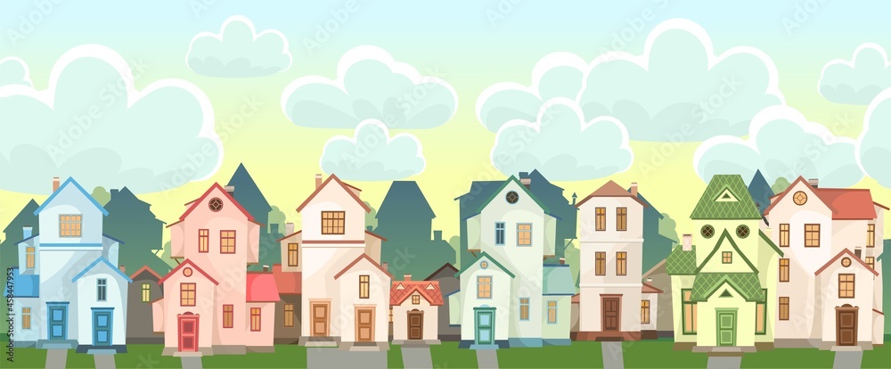 Street. Cartoon houses with sky. Village or town. Seamless. A beautiful, cozy country house in a traditional European style. Nice funny home. Rural building. Vector