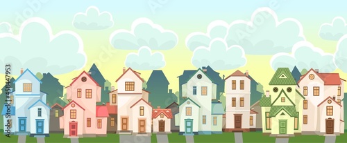 Street. Cartoon houses with sky. Village or town. Seamless. A beautiful, cozy country house in a traditional European style. Nice funny home. Rural building. Vector