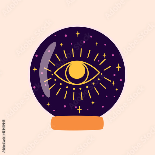 Magic crystal ball future with eye. Fortune teller crystal ball. Witchcraft magic symbol. Halloween graphic element. Alchemy vector illustration isolated crystal ball. Mystic spiritual logo Eye stars.
